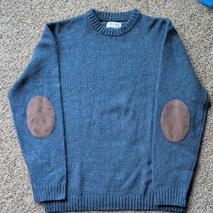 Men's Blue Crewneck Sweater with Brown Elbow Patches